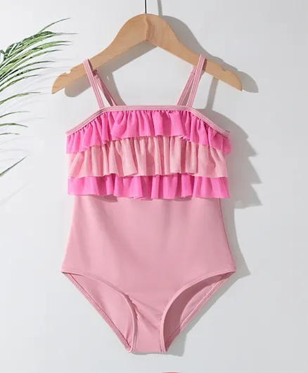 SAPS Ruffled Solid Quick Dry V Cut Swimsuit - Pink