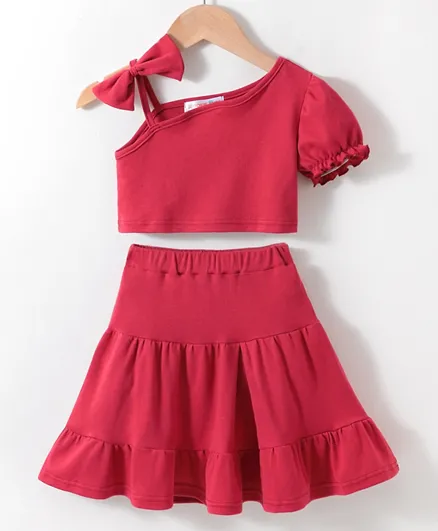 SAPS Bow Detailed Solid One Shoulder Top & Skirt/Co-ord Set - Red