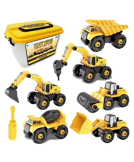Mumfactory Take Apart Construction Vehicles Excavators Truck Toy with Storage Box Yellow and Black - 7 Pieces