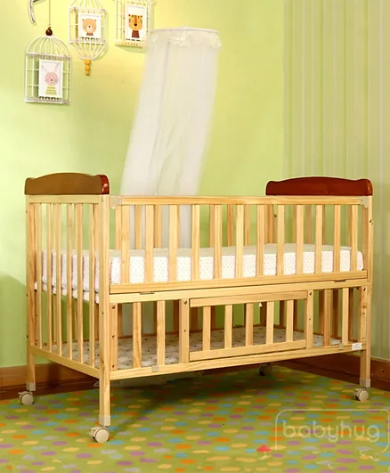 Babyhug Hamilton Wooden Cot With Mosquito Net & Storage Space - Natural Finish