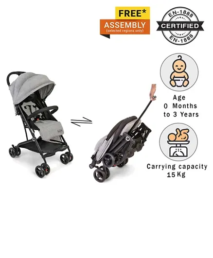 Babyhug Easy Travel Cabin Stroller With Z-Fold and Trolley Handle - Grey