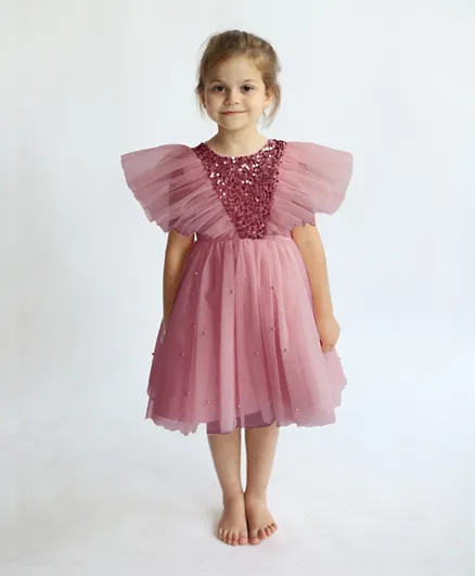 دي دانيلا فستان حفلة بتصميم فراشة مطرز بالترتر - وردي
