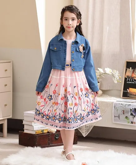 Le Crystal Flower Embroidered Dress With Jacket - Pink/Blue