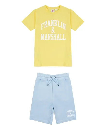 Franklin & Marshall Vintage Arch Logo T-Shirt and Shorts Set - Yellow & Blue