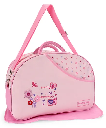 Babyhug Diaper Bag With Changing Mat Heart & Floral Print - Pink