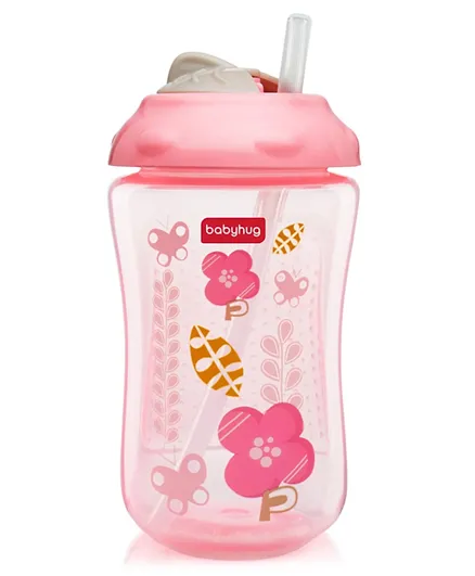 Babyhug Swipey Straw Sipper Bottle Flower Print Pink - 300 ml