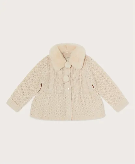 Monsoon Children Cable Knit Cardigan with Faux Fur Collar - Oatmeal