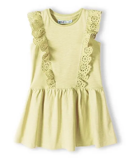 Minoti Cotton Jersey Broderie Anglaise Frilled Dress - Light Yellow