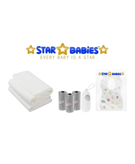 حزمة ستار بيبيز للضروريات الأساسية للأطفال - 10 مرايل + 3 أكياس معطرة + 3 مناشف - أبيض ورمادي