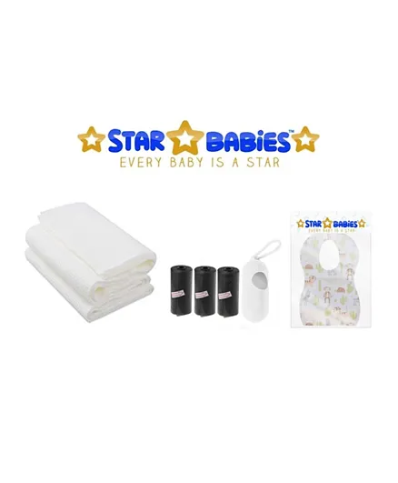 Star Babies Baby Essentials Bibs 10 Pieces + Scented Bag 3 Pieces + Towel 3 Pieces Combo Pack - White & Black