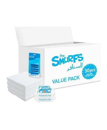 Smurfs Disposable Changing Mats with Water Wipes & Pixie Nappy Bags - Value Pack
