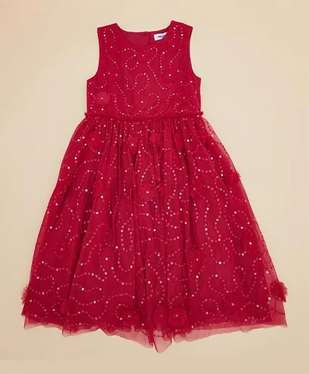 R&B Kids Sequin Detail 3D Floral Embellished Dress - Red