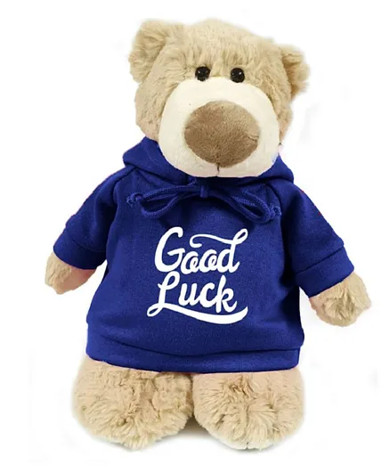 Fay Lawson Mascot  Bear with Good Luck Print on Blue Hoodie Light Brown -  28cm