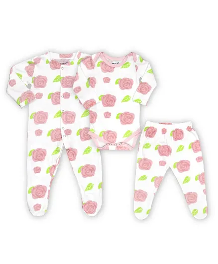 Moon Organic Baby 3 In 1 Romper Bodysuit with Joggers/Co-ord Set - Rose Print
