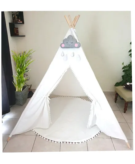 CherryPick  Dove Pompom Cotton Teepee with Mat - White