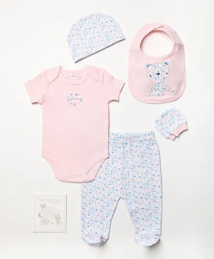 Rock a Bye Baby Floral Print Bodysuit with Pants & Cap & Bib & Mittens & Book - Pink