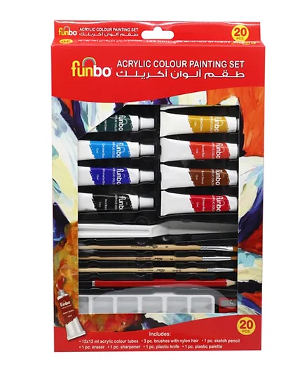Funbo Set of 20 Acrylic Paint Colour Tubes 12ml Each - Assorted