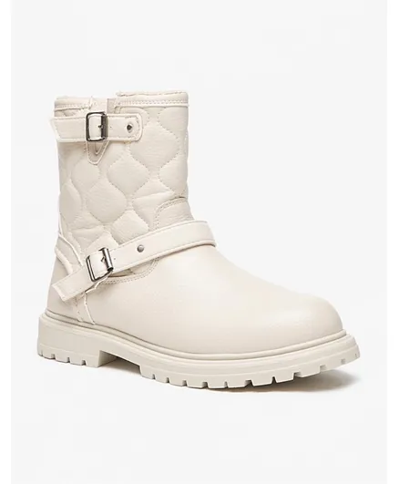 Flora Bella by Shoexpress Quilted High Cut Boots with Buckle Detail and Zip Closure - Cream
