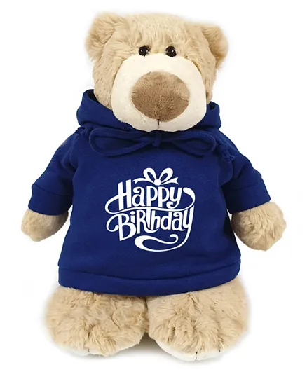 كارفان - دب ماسكوت مع قميص مع غطاء للرأس بطبعة “Happy Birthday” أزرق وكريم - 28 سم