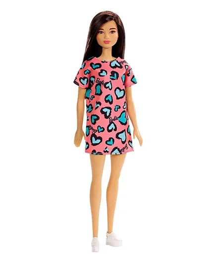 Barbie Doll Brunette Wearing Heart Print Dress And Platform Sneakers - Pink