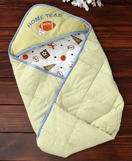 Babyhug Premium 100% Cotton Hooded Swaddle Wrapper Sports Theme - Cream