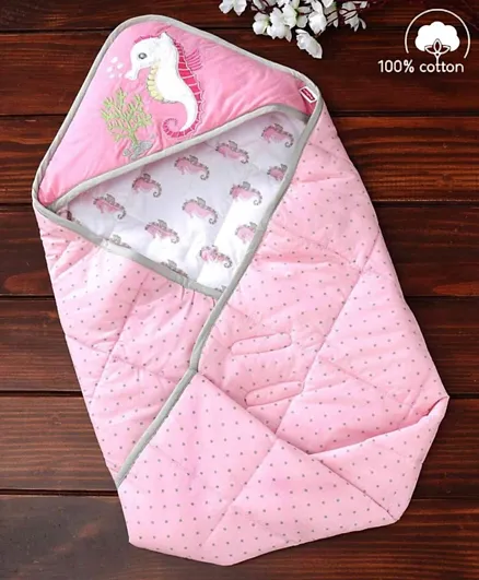 Babyhug Premium 100% Cotton Hooded Swaddle Wrapper Seahorse Theme - Pink