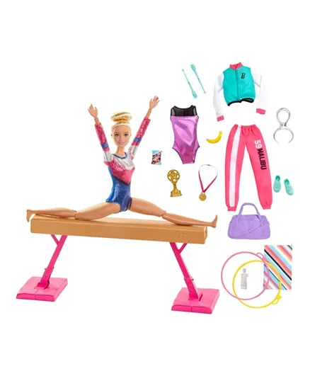 Barbie Gymnastics Doll and Playset with Twirling Feature, Balance Beam, 15+ Accessories- Pink