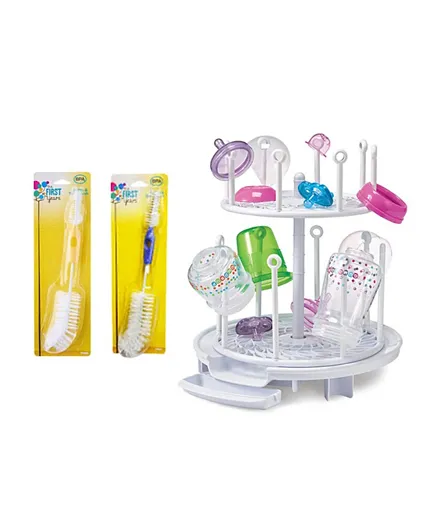 The First Years Bottle & Teat Brush + Spinning Drying Rack - 3 Pieces