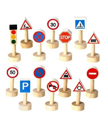 Plan Toys Wooden Set of Traffic Signs & Lights - Multicolour
