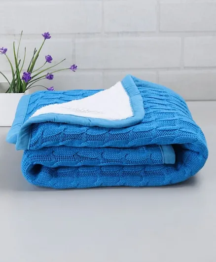Babyhug Premium Cotton Knitted and Fur Blanket - Blue