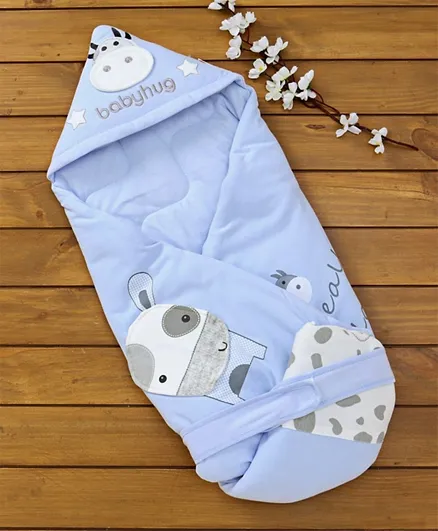 Babyhug Hooded Wrapper Convertible Sleeping Bag Cow Applique - Blue