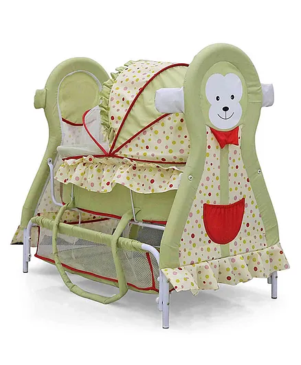 Babyhug Monkey Cradle With Mosquito Net & Wheels - Green