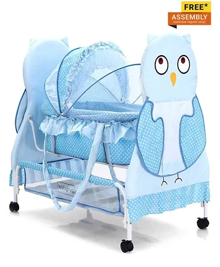 Babyhug Owl Cradle With Mosquito Net & Wheels - Blue