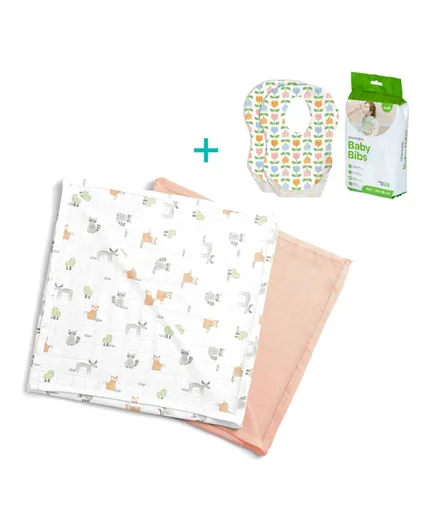 Moon Forest Print Bamboo Muslin Wrap Swaddle Peach + Pack of 24 Disposable Baby Bibs