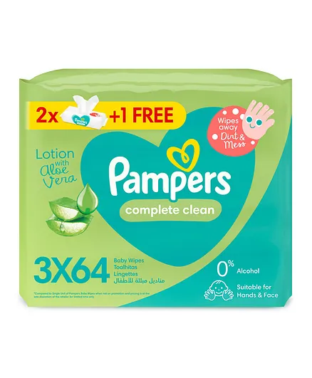 Pampers Complete Clean Baby Wipes with Aloe Vera Lotion Pack of 3 - 192 Pieces