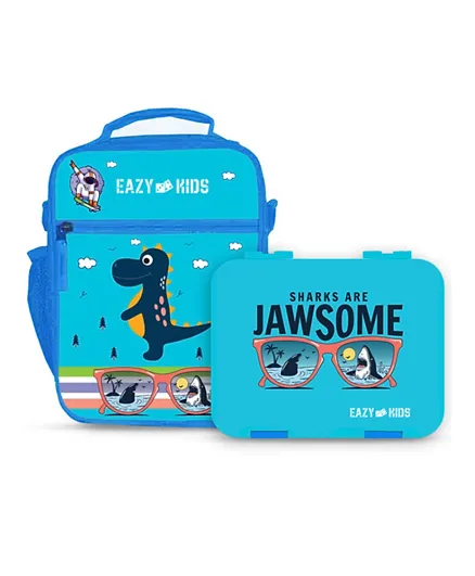 Eazy Kids Jawsome Shark Bento Boxes With Insulated Lunch Bag Combo - Blue