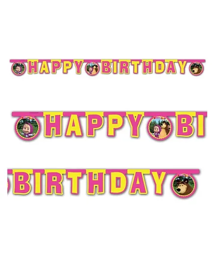 Procos Masha And The Bear Die Cut Happy Birthday Banner - Pink and Yellow