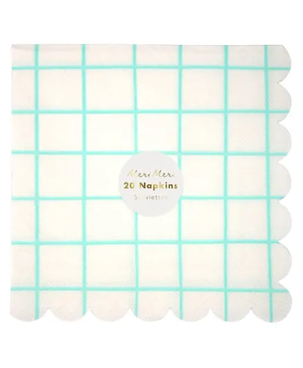 Meri Meri Large  Grid Napkins Pack of 20 - Mint Green