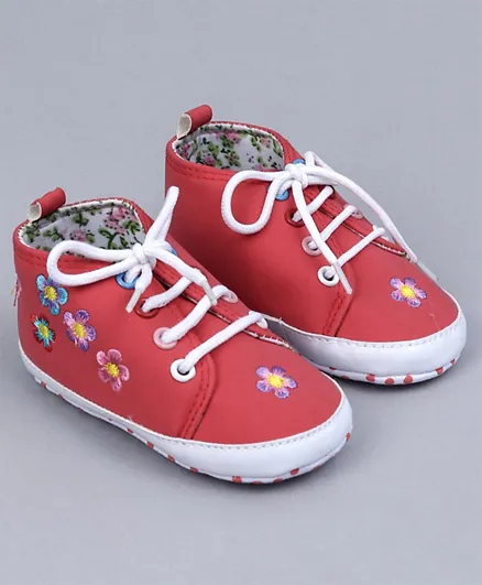 Cute Walk By Babyhug Lace Up Booties Floral Embroidery - Red
