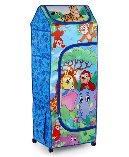 Babyhug Foldable 4 Shelved Storage Unit With Zipped Cover and Wheels Jungle Baby Print - Blue
