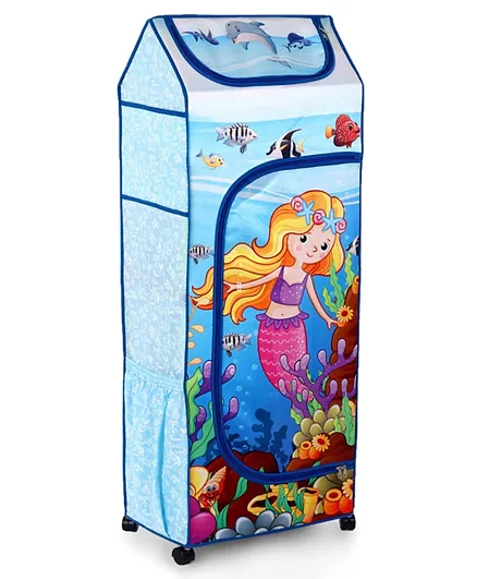 Babyhug Foldable 4 Shelved Storage Unit with Zipper and Wheels Mermaid Life Print - Light Blue