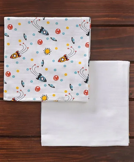 Babyhug 3 in 1 Premium Baby Muslin Swaddle Wrapper Cum Blanket Rocket Print Pack of 2  - Multicolour