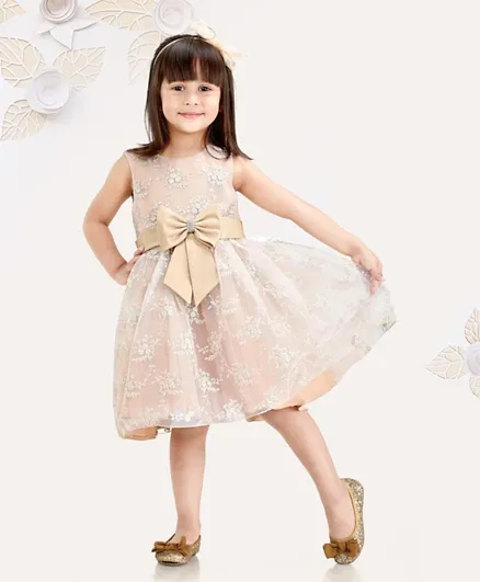 Mark & Mia Sleeveless Embroidered Party Frock Bow Design - Cream