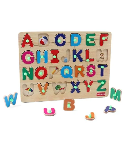 بيبي هاغ - أحجية الحروف الأبجدية والربط الخشبي - متعددة الألوان - 26 قطعة
