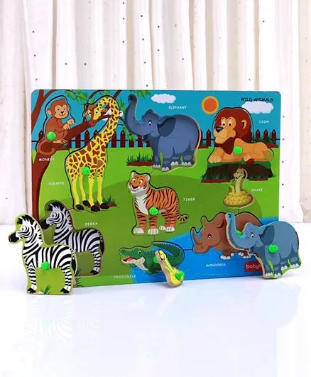 Babyhug Montessori Wooden Wild Animals Puzzle Multicolour - 9 Pieces