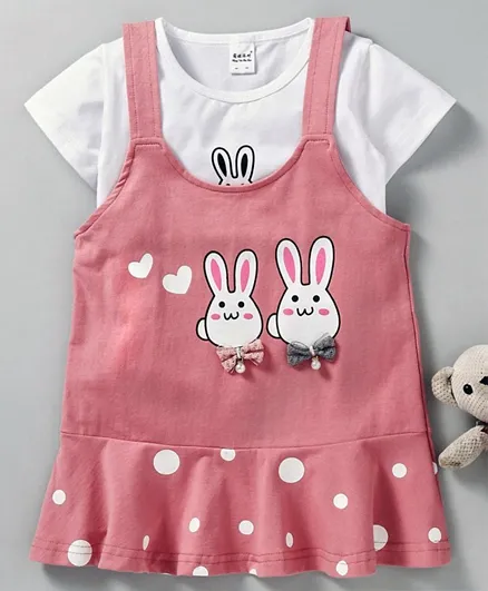 Meng Wa Frock With Short Sleeves Inner Tee Bunny Print - Peach