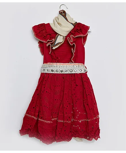 فستان عامري المنفوش بنقوش ذاتية - برغندي