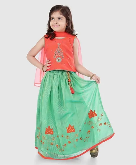 Babyhug Sleeveless Embroidered Choli & Lehenga Set With Dupatta - Orange Green