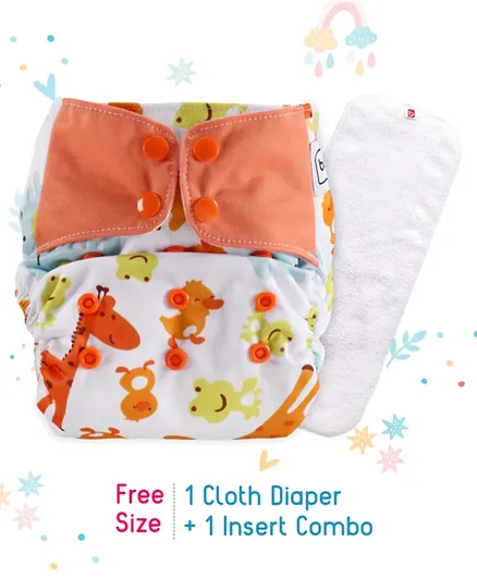 Babyhug Free Size Reusable Cloth Diaper With Insert Animal Print - White Yellow