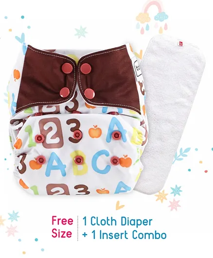 Babyhug Free Size Reusable Cloth Diaper With Insert Alphanumeric Print - White